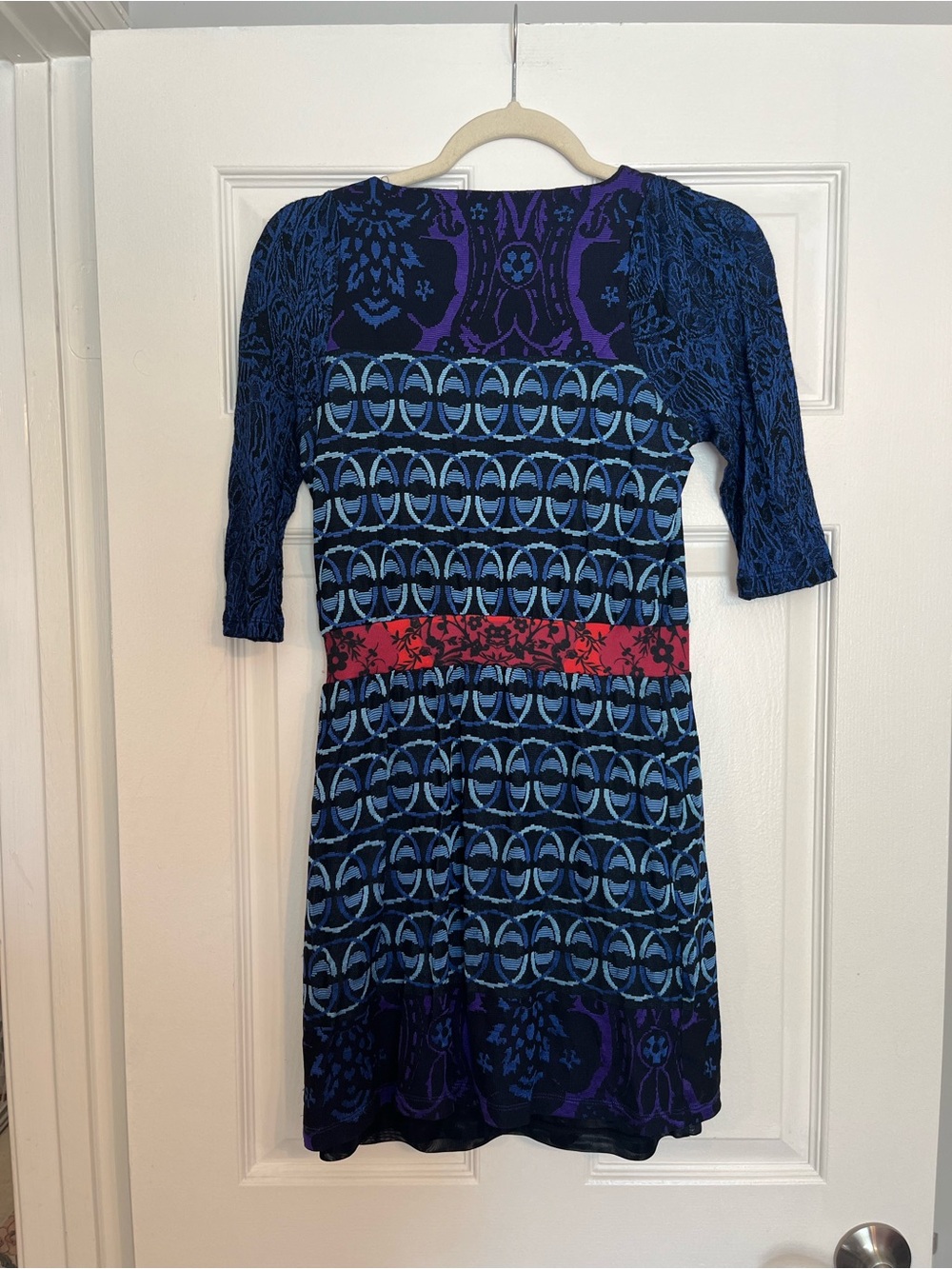 Desigual Blue Patterned Dress with Red Band and Embroidered Detailing - Picture 2 of 11